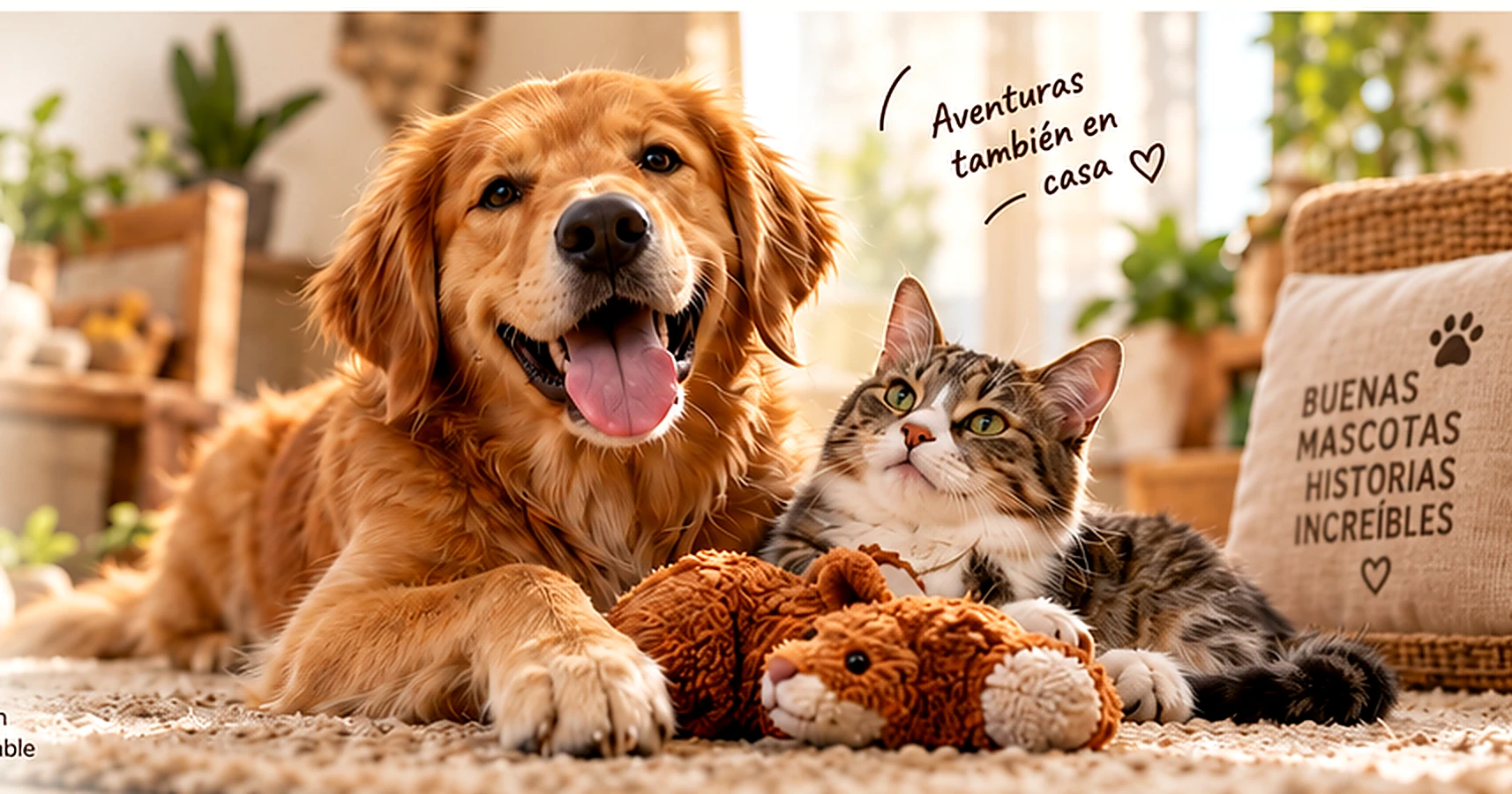 Perro golden retriever y gato descansando felices en casa; arte conceptual de Joy Tails
